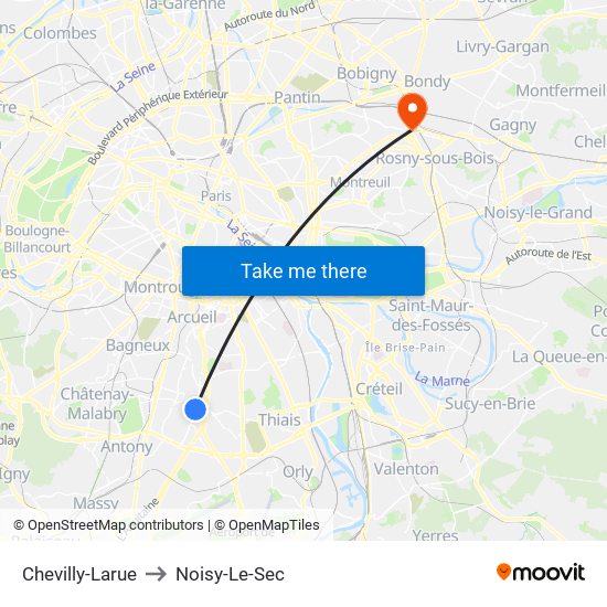 Chevilly-Larue to Noisy-Le-Sec map