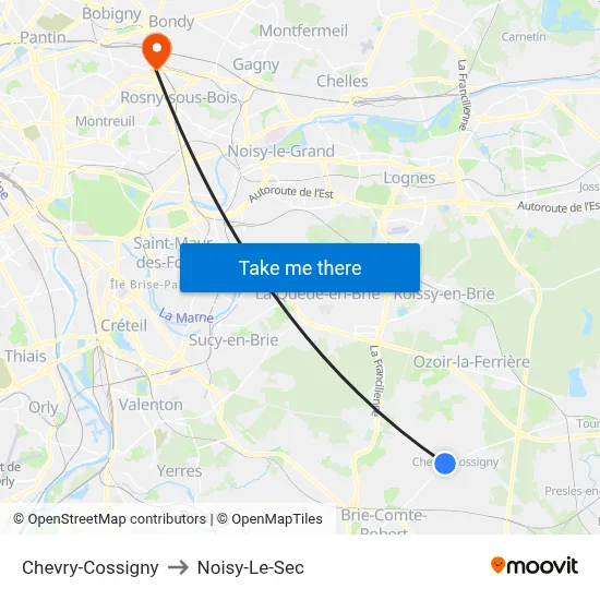 Chevry-Cossigny to Noisy-Le-Sec map