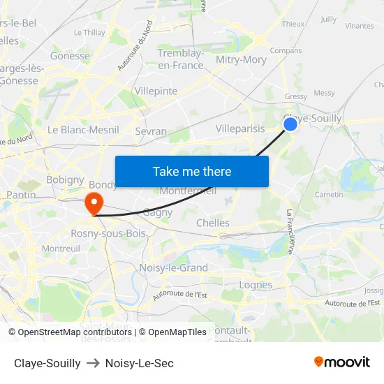 Claye-Souilly to Noisy-Le-Sec map
