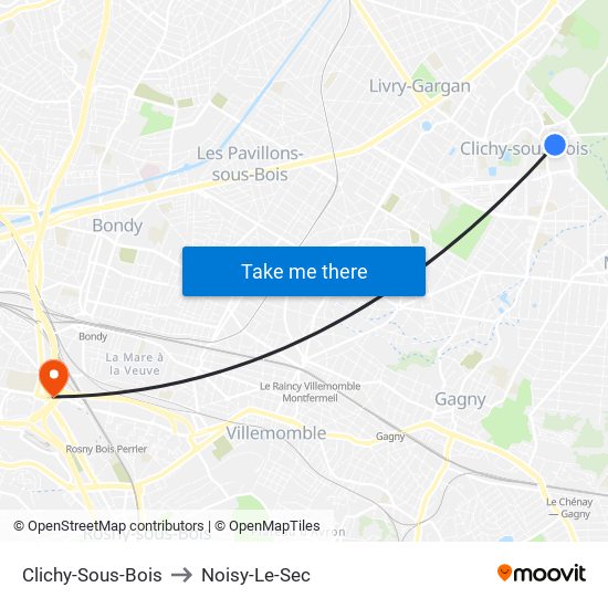 Clichy-Sous-Bois to Noisy-Le-Sec map