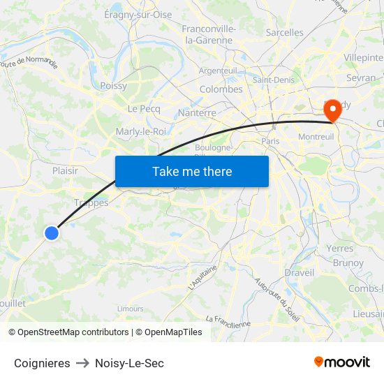 Coignieres to Noisy-Le-Sec map