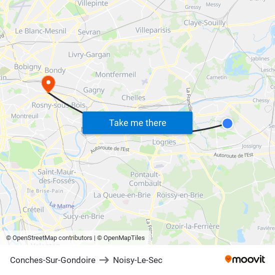 Conches-Sur-Gondoire to Noisy-Le-Sec map