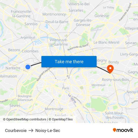 Courbevoie to Noisy-Le-Sec map