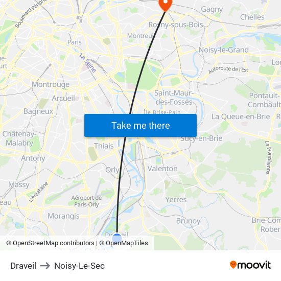 Draveil to Noisy-Le-Sec map