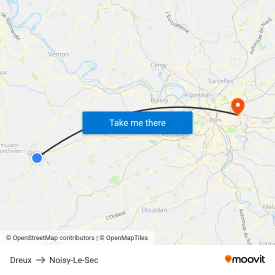 Dreux to Noisy-Le-Sec map