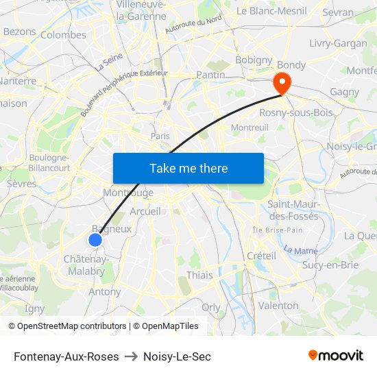Fontenay-Aux-Roses to Noisy-Le-Sec map