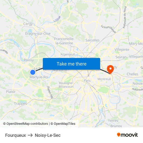 Fourqueux to Noisy-Le-Sec map