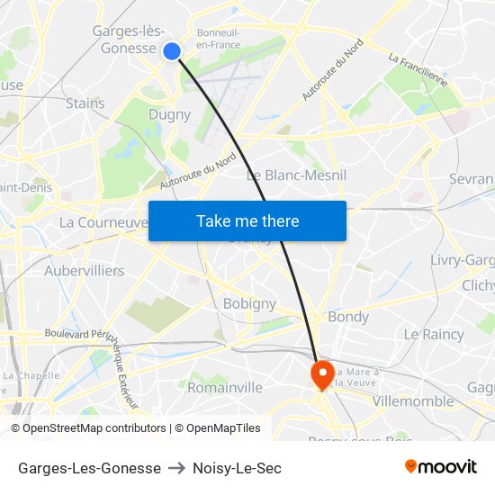 Garges-Les-Gonesse to Noisy-Le-Sec map