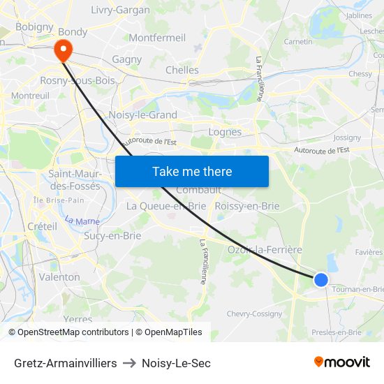 Gretz-Armainvilliers to Noisy-Le-Sec map
