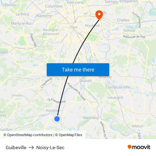 Guibeville to Noisy-Le-Sec map