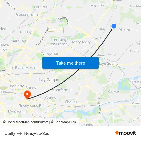 Juilly to Noisy-Le-Sec map