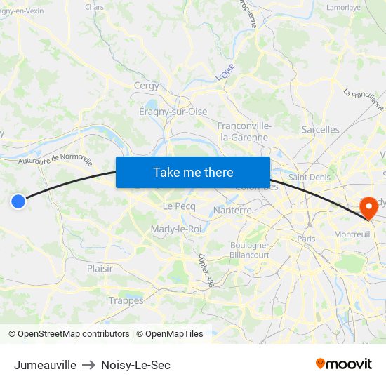 Jumeauville to Noisy-Le-Sec map