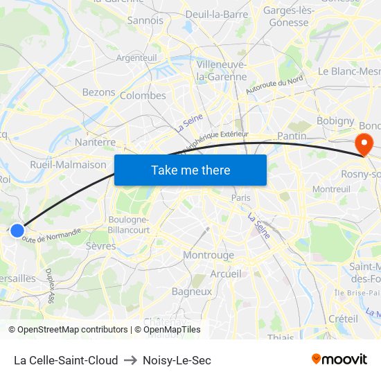 La Celle-Saint-Cloud to Noisy-Le-Sec map