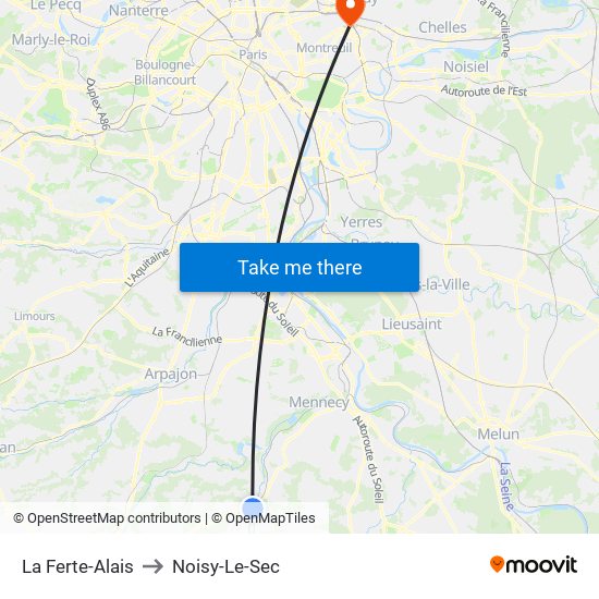 La Ferte-Alais to Noisy-Le-Sec map
