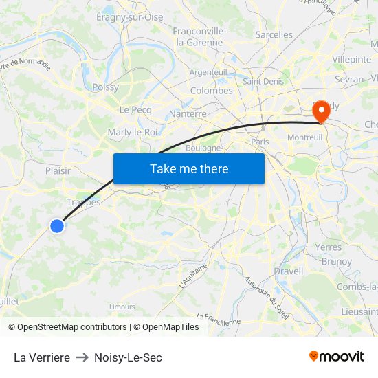 La Verriere to Noisy-Le-Sec map