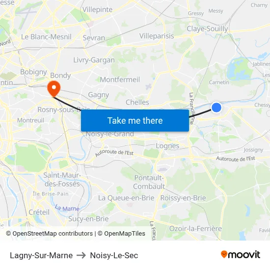 Lagny-Sur-Marne to Noisy-Le-Sec map