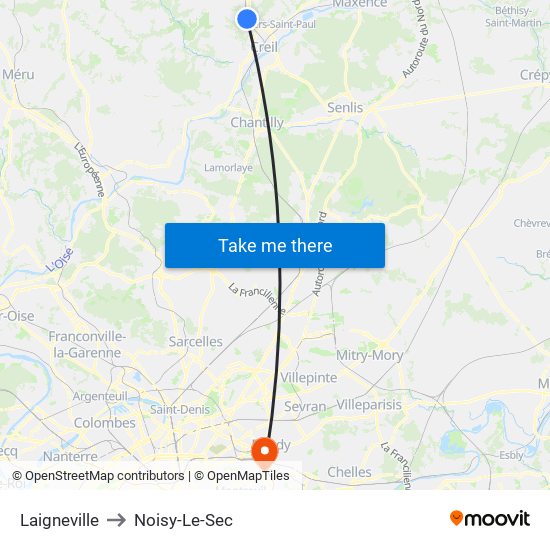 Laigneville to Noisy-Le-Sec map