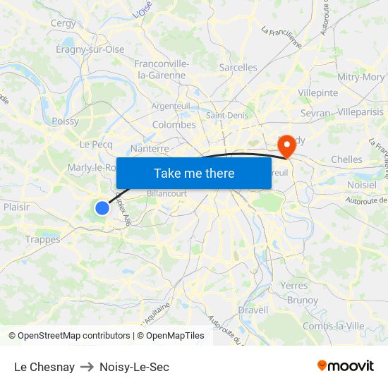 Le Chesnay to Noisy-Le-Sec map