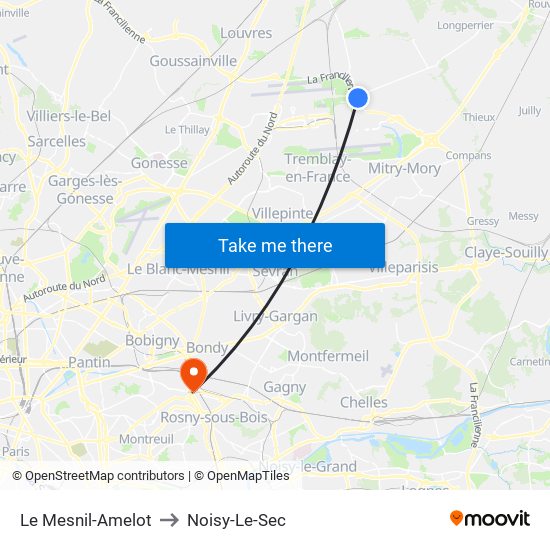 Le Mesnil-Amelot to Noisy-Le-Sec map