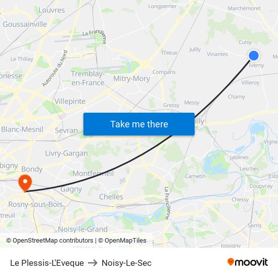 Le Plessis-L'Eveque to Noisy-Le-Sec map