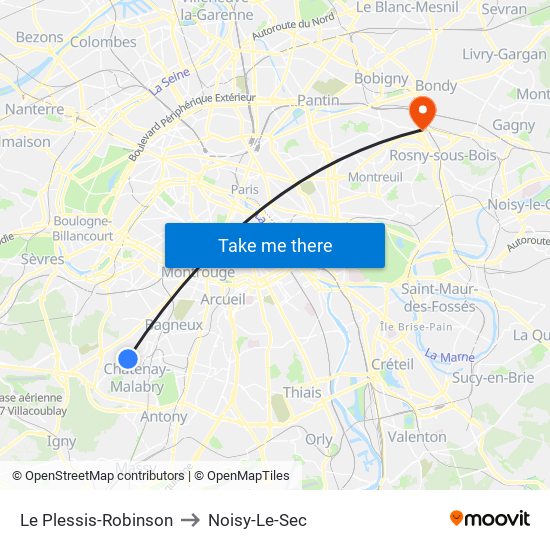 Le Plessis-Robinson to Noisy-Le-Sec map