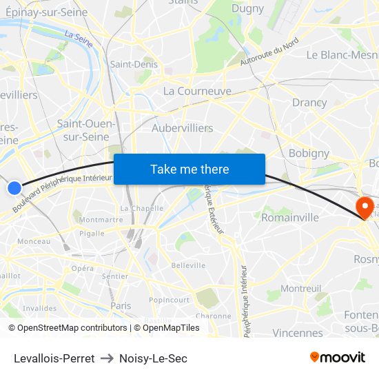 Levallois-Perret to Noisy-Le-Sec map