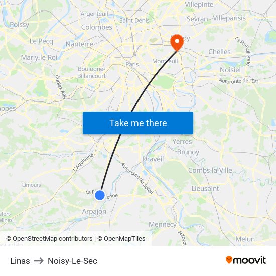Linas to Noisy-Le-Sec map