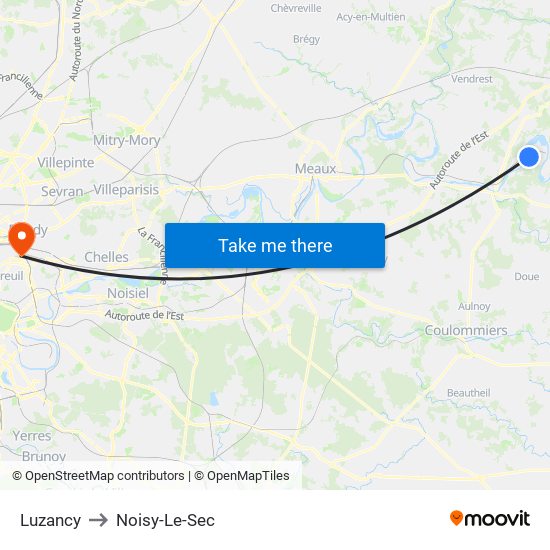 Luzancy to Noisy-Le-Sec map