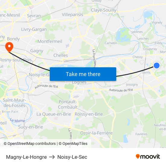 Magny-Le-Hongre to Noisy-Le-Sec map