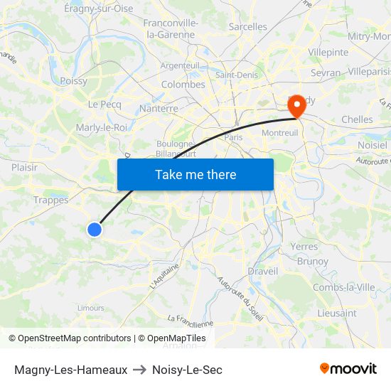 Magny-Les-Hameaux to Noisy-Le-Sec map