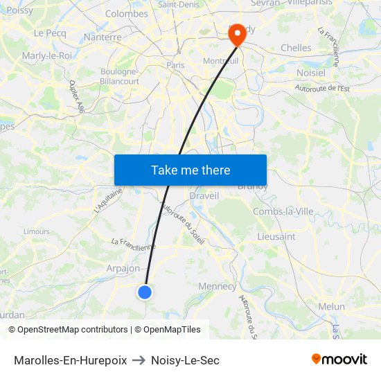 Marolles-En-Hurepoix to Noisy-Le-Sec map