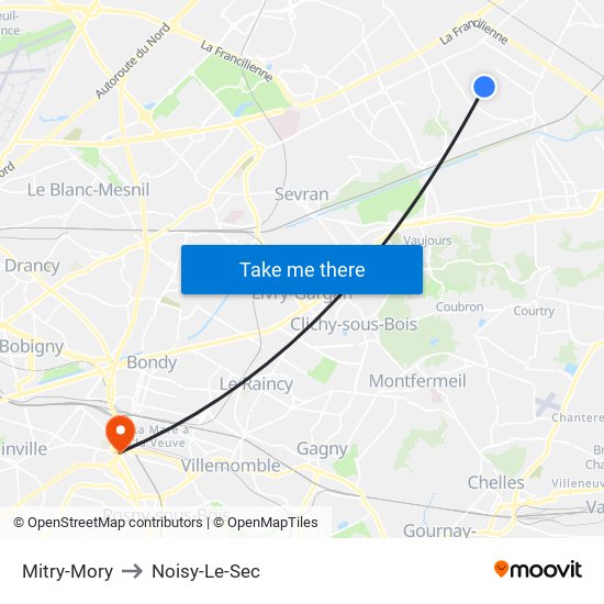 Mitry-Mory to Noisy-Le-Sec map