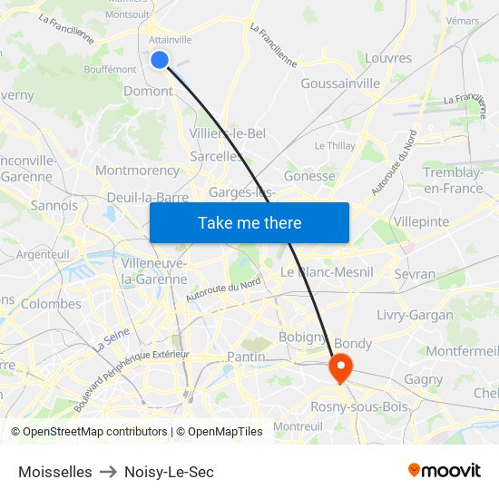 Moisselles to Noisy-Le-Sec map