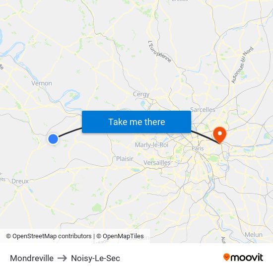 Mondreville to Noisy-Le-Sec map