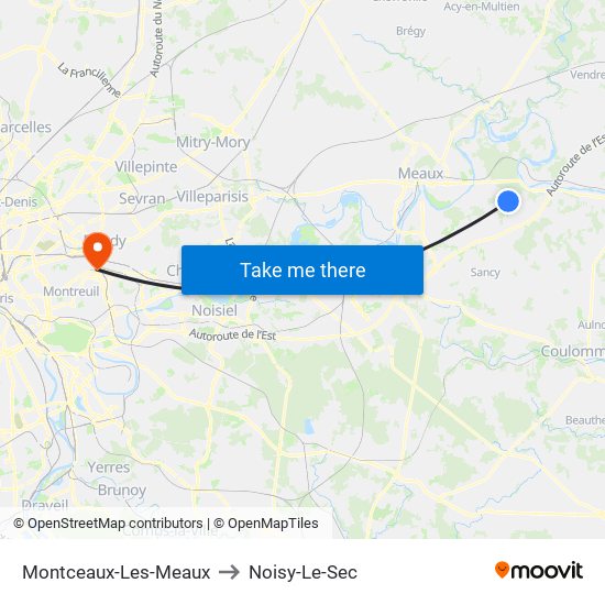 Montceaux-Les-Meaux to Noisy-Le-Sec map