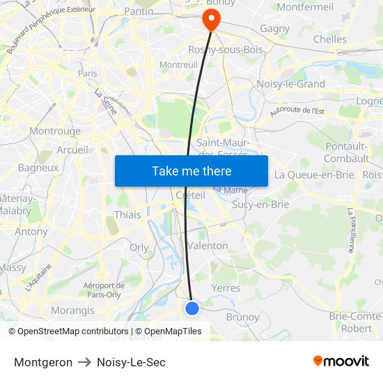 Montgeron to Noisy-Le-Sec map