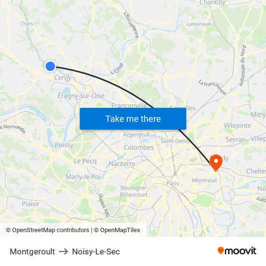 Montgeroult to Noisy-Le-Sec map