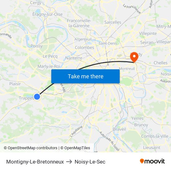 Montigny-Le-Bretonneux to Noisy-Le-Sec map
