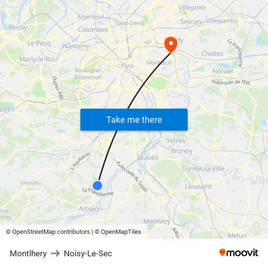 Montlhery to Noisy-Le-Sec map