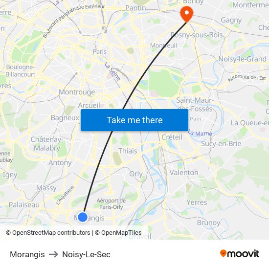 Morangis to Noisy-Le-Sec map