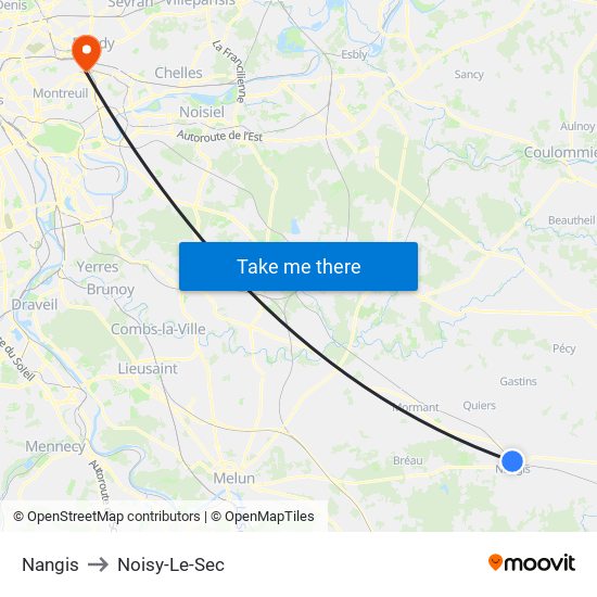 Nangis to Noisy-Le-Sec map