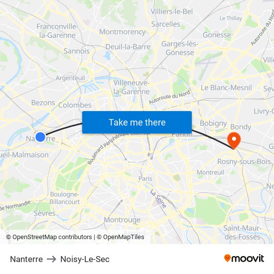 Nanterre to Noisy-Le-Sec map