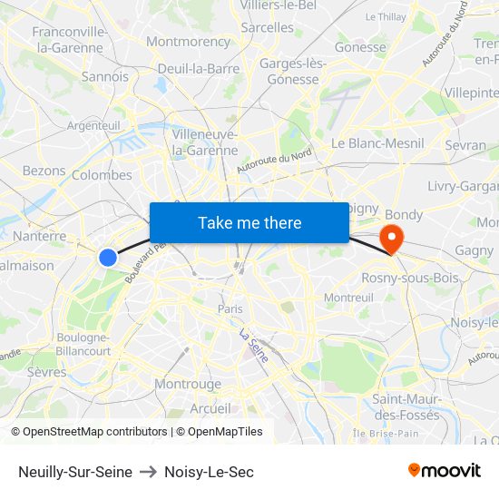 Neuilly-Sur-Seine to Noisy-Le-Sec map