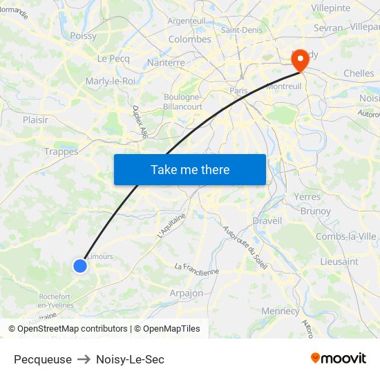 Pecqueuse to Noisy-Le-Sec map
