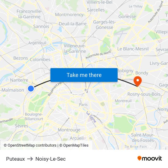 Puteaux to Noisy-Le-Sec map