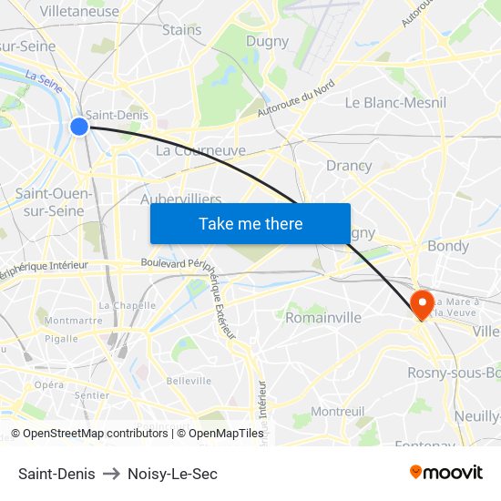 Saint-Denis to Noisy-Le-Sec map