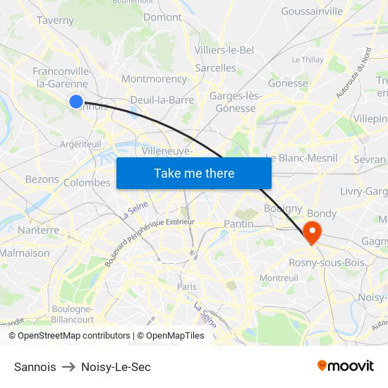 Sannois to Noisy-Le-Sec map