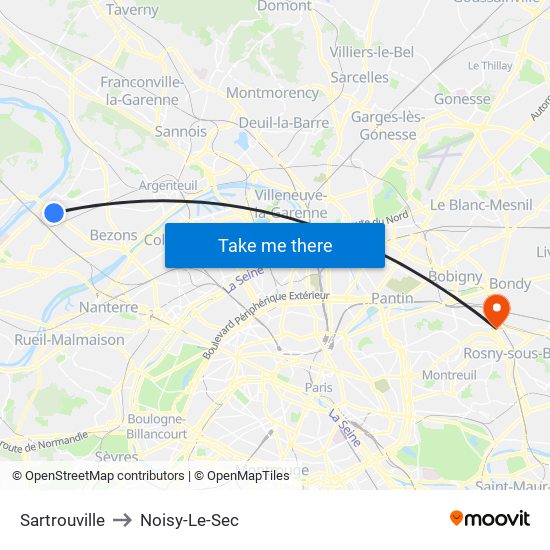 Sartrouville to Noisy-Le-Sec map