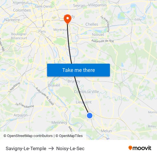 Savigny-Le-Temple to Noisy-Le-Sec map