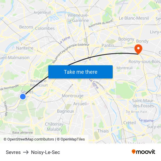 Sevres to Noisy-Le-Sec map
